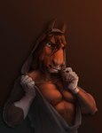 abs anthro blue_eyes brown_body brown_fur clothing fingers fur hair holding_clothing holding_object hoodie long_hair looking_at_viewer male markings muscular muscular_anthro muscular_male open_mouth pecs simple_background solo teeth topwear white_hands conditional_dnp tgt1512 ganachethehorse equid equine horse mammal 2021 digital_media_(artwork) half-length_portrait hi_res portrait