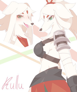 anthro arm_wraps armor ascot big_breasts black_bottomwear black_clothing black_gloves black_handwear black_nose blush blush_lines bottomwear breasts closed_smile clothing coat eyelashes female fur gloves green_eyes hair half-closed_eyes handwear head_markings kemono markings midriff mouth_closed narrowed_eyes open_mouth open_smile pupils red_ascot red_bottomwear red_clothing rope shoulder_pads side_boob side_view simple_background slit_pupils smile smiling_at_viewer snout solo tied_hair topwear white_background white_body white_clothing white_coat white_fur white_hair white_topwear wraps rullu_1507 cygames world_flipper helga_(world_flipper) borzoi canid canine canis domestic_dog hunting_dog mammal sighthound 2026 hi_res portrait signature three-quarter_portrait