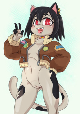 anthro black_hair bottomless breasts clothed clothing collar ear_piercing ear_ring female fingerless_(marking) fur genitals gesture hair hand_gesture heart_eyes heart_symbol innie_vulva jacket jacket_only loli navel open_clothing open_jacket open_mouth open_topwear piercing red_eyes ring_piercing solo tan_body tan_fur topwear topwear_only v_sign vulva young young_anthro daigaijin domestic_cat felid feline felis mammal absurd_res hi_res