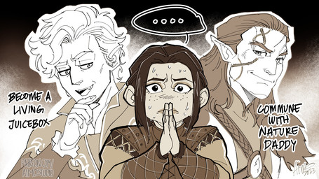 blush bodily_fluids ellipsis fangs female group hair humanoid_pointy_ears humor long_hair male nervous not_furry pointy_ears sweat teeth text trio momochanners baldur's_gate baldur's_gate_3 bioware electronic_arts larian_studios astarion_(baldur's_gate) halsin_(baldur's_gate) dwarf elf humanoid vampire 16:9 english_text widescreen