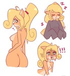 anthro blonde_hair blush bodily_fluids breasts butt female fur green_eyes hair hair_down long_hair nipples nude shadow solo sweat ghostloli activision crash_bandicoot_(series) coco_bandicoot bandicoot mammal marsupial