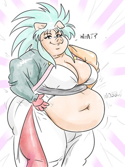 anthro asking_viewer belly big_belly big_breasts breasts cleavage clothed clothing female obese obese_female oblivious overweight overweight_female pig_ears pig_nose smile solo text torn_clothing weight_gain wobbling_belly ryoxxl tenchi_muyo ryoinko_(ryoxxl) ryoko_hakubi domestic_pig mammal suid suine sus_(pig) english_text hi_res