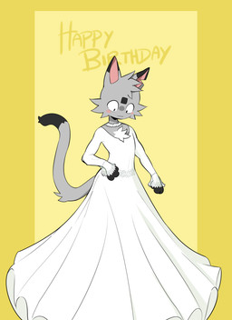 anthro birthday blush chest_tuft clothed clothing crossdressing cut_ear dress femboy fur grey_body grey_fur happy_birthday male simple_background solo standing toony tuft wedding_dress slapp choco_(moltern) domestic_cat felid feline felis mammal 2019 digital_media_(artwork) hi_res shaded source_request unavailable_at_source