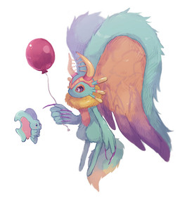 ambiguous_gender anthro antlers balloon big_ears biped bipedal_feral blue_eyes blush blush_stickers chest_tuft colored_nails countershade_torso countershading digitigrade dipstick_tail duo eye_contact feral fingernails fluffy fluffy_tail fur head_wings holding_balloon horn huge_wings inflatable looking_at_another markings mouthless multicolored_body multicolored_eyes multicolored_fur nails neck_tuft notched_ear orange_body orange_fur pink_eyes pupils purple_fingernails purple_nails purple_sclera semi-anthro simple_background size_difference tail tail_markings tan_body tan_fur teal_body teal_eyes teal_fur tuft unusual_wing_placement white_background wings chii_mako kirby_(series) kirby_and_the_forgotten_land nintendo elfilin fecto_elfilis alien chinchillid mammal rodent starling_(kirby) digital_drawing_(artwork) digital_media_(artwork) male_(lore)