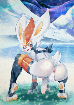 anthro anus backsack balls blush butt clothing crouching detailed_background femboy fur genitals legwear male mostly_nude open_mouth outside penis pupils smile snow snowing solo stirrup_(marking) stirrup_legwear stirrup_stockings stockings tail tail_tuft thigh_highs three-quarter_view tuft vein veiny_penis white_body white_fur xu53r nintendo pokemon cinderace generation_8_pokemon pokemon_(species)