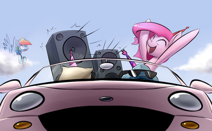 blue_body blue_feathers blue_fur car cloud duo eyes_closed feathered_wings feathers female fur hair inside_car inside_vehicle multicolored_hair open_mouth outside pink_body pink_fur pink_hair rainbow_hair sky speaker vehicle wings underpable friendship_is_magic hasbro mazda_mx-5 my_little_pony mythology pinkie_pie_(mlp) rainbow_dash_(mlp) earth_pony equid equine horse mammal mythological_creature mythological_equine pegasus pony 2014 hi_res