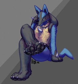 4_toes ambiguous_gender anthro black_body black_fur black_markings black_pawpads black_paws blue_body blue_ears blue_fur blue_tail bodily_fluids claws feet fluffy_paws foot_fetish foot_focus fur grey_background hand_on_face head_down leg_over_knee looking_at_viewer markings pawpads plantigrade red_eyes simple_background sitting solo spikes spikes_(anatomy) sweat sweaty_feet tail tan_body tan_fur toe_claws toes wet_feet white_claws soyesoye nintendo pokemon canid canine generation_4_pokemon lucario mammal pokemon_(species) 2026 colored_sketch digital_drawing_(artwork) digital_media_(artwork) hi_res shaded sketch