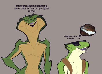 anthro black_body black_scales brown_clothing clothing dark_body dark_scales fangs featureless_chest green_body green_scales looking_at_viewer markings multicolored_body multicolored_scales purple_eyes purple_tongue scale_markings scales solo tan_body tan_scales teeth text thought_bubble tongue two_tone_body two_tone_scales white_body white_scales wide_hips conditional_dnp welwraith deadlock_(game) valve x-com vyper_(deadlock) reptile scalie snake viper viper_(x-com) 2026 digital_drawing_(artwork) digital_media_(artwork) english_text hi_res
