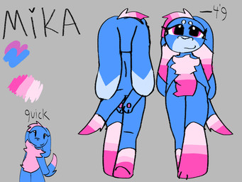 anthro blue_body blue_fur chest_tuft crotch_tuft dipstick_tail ear_markings facial_markings female fur gradient_fur hands_behind_back head_markings head_tuft leg_markings long_tail markings pink_body pink_eyes pink_fur pink_markings plantigrade raised_heel rear_view socks_(marking) solo standing tail tail_markings tuft wide_hips vixia mika_(vixia) hybrid lagomorph leporid mammal rabbit 4:3 hi_res model_sheet