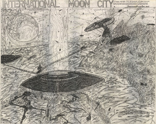 amazing_background bird's-eye_view city detailed_background high-angle_view moon space spacecraft text vehicle zero_pictured stannard 1992 detailed english_text graphite_(artwork) greyscale hi_res monochrome traditional_media_(artwork)