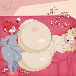 anthro ball big_breasts big_butt big_penis blush breasts butt duo female genitals grey_body hair huge_butt male male/female penetration penis red_hair slap_mark text white_body lokbunny17 nintendo pokemon alcremie fennekin generation_6_pokemon generation_8_pokemon pokemon_(species) shiny_pokemon english_text hi_res