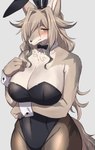 anthro arm_under_breasts big_breasts biped blush bow_(feature) bow_in_front bow_tie breasts bunny_costume cleavage clothed clothing costume countershade_fur countershading embarrassed fake_ears fake_rabbit_ears female front_view fur grey_body grey_fur grey_hair hair hair_over_eye hand_on_chest kemono legwear leotard long_hair looking_at_viewer navel_outline one_eye_obstructed pantyhose shirt_collar shirt_cuffs simple_background solo standing sgsix canid canine mammal 2021 half-length_portrait hi_res portrait