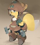 ambiguous_gender anthro armor boots clothing footwear gloves hammer handwear headgear helmet holding_hammer holding_object holding_tool shoes solo standing tools yellow_body koki canid canine fox mammal 2019