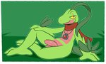2020 3_fingers 3_toes absurd_res anthro black_eyes blush border crossed_legs fang_(themusicalhusky) feet felino fingers flaccid foreskin generation_3_pokemon genitals green_background green_body green_scales grovyle hand_on_knee hand_on_leg hi_res hind_toe humanoid_genitalia humanoid_penis jewelry long_foreskin male mostly_nude necklace nintendo penis pink_balls pink_body pink_penis pink_scales pokemon pokemon_(species) pose raised_leg red_scarf scales scarf simple_background sitting solo toes white_border yellow_sclera