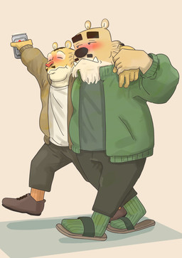 anthro blush bottomwear clothing drunk duo eyes_closed hug humanoid_hands kemono male pants shirt simple_background slightly_chubby substance_intoxication topwear walking panda_po bear felid mammal pantherine tiger 2023 hi_res
