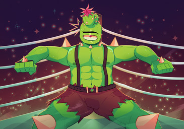 abs anthro belt biceps bodily_fluids bottomwear boxing bulge cactus clothed clothing eye_scar facial_scar fighting_ring fist gloves green_body handwear looking_at_viewer male pecs pinned pinned_to_wall plant scar sitting solo spikes sport suspenders sweat topless topless_anthro topless_humanoid topless_male dinxiemintie cox_(dinxiemintie) cactus_creature cactus_humanoid cyclops elemental_creature elemental_humanoid flora_fauna humanoid plant_humanoid hi_res