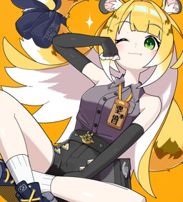 accessory animal_ears armwear belt black_armwear black_bottomwear black_clothing black_shorts blonde_hair blush bottomwear clothing collared_shirt dress_shirt fangs female fluffy_ears footwear furgonomics green_eyes grey_dress_shirt hair long_hair markings one_eye_closed ribbons shirt shoes shorts simple_background sitting smile socks solo sparkles sparkling_eyes striped_hair striped_markings striped_tail stripes tail tail_accessory tail_markings tail_ribbon teeth topwear white_clothing white_footwear white_hair white_socks yellow_background itamesi123 mihoyo zenless_zone_zero ju_fufu animal_humanoid felid felid_humanoid humanoid mammal mammal_humanoid pantherine pantherine_humanoid thiren tiger_humanoid hi_res
