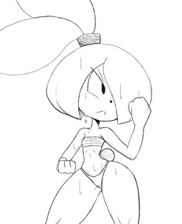 anthro bandage bandaged_chest black_eyes bottomwear breasts clothed clothing female flat_chested hair navel one_eye_obstructed panties ponytail ponytail_ears simple_background small_breasts solo tail thick_thighs underwear white_background wide_hips usagibun1 tuqiu_(usagibun1) lagomorph leporid mammal rabbit 2025 greyscale monochrome