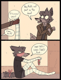 2_panel_comic angry anthro black_clothing black_shirt black_topwear blush bottomwear clothing collar dialogue duo femboy footwear fur grey_body grey_fur humor jacket knee_highs knee_socks legwear male male_anthro pattern_clothing pattern_footwear pattern_legwear pattern_socks pattern_thigh_highs shirt shorts sitting socks solo speech_bubble striped_clothing striped_footwear striped_legwear striped_socks striped_thigh_highs stripes text thigh_highs thigh_socks topwear uwu frencore canid canine canis mammal wolf english_text hi_res