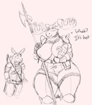 anthro anthro_on_anthro antlers armor belt big_breasts blush bow_(weapon) breasts clothing dialogue duo eyebrows female front_view fully_clothed_anthro fully_clothed_male gloves halberd hand_on_own_breast handwear holding_melee_weapon holding_object holding_ranged_weapon holding_weapon horn huge_breasts huge_thighs lingerie long_ears looking_at_another male male/female melee_weapon nipples partially_clothed_anthro partially_clothed_female polearm raised_eyebrows ranged_weapon shocked shoulder_pads simple_background slightly_chubby slightly_chubby_anthro slightly_chubby_female smile standing talking_to_another teasing text thick_thighs weapon white_background wide_eyed mcdoogiy chuy_(jezzlen) gerry_(mcdoogiy) asinus deer donkey equid equine mammal moose new_world_deer 2023 black_and_white digital_drawing_(artwork) digital_media_(artwork) english_text hi_res monochrome signature sketch