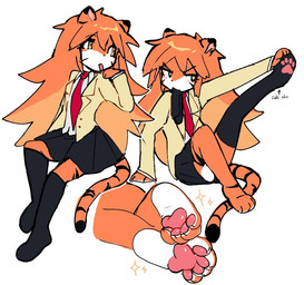 4_toes accessory anthro bottomwear clothed clothing feet female foot_focus hair long_hair necktie paw_socks pawpads removing_socks skirt sock_in_mouth solo toes z_zmag8 felid mammal pantherine multiple_scenes