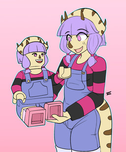 alternate_universe anthro brown_body clothed clothed_anthro clothed_female clothing duo eyebrow_through_hair eyebrows facial_horn female fingers front_view hair happy holding_another horn humanoid_hands looking_at_another markings medium_hair open_mouth open_smile overalls pattern_clothing pattern_shirt pattern_topwear pink_background pink_eyes purple_hair shirt simple_background smile standing striped_clothing striped_markings striped_shirt striped_topwear stripes text topwear translucent translucent_hair seven_(artist) cavemanon_studios lego snoot_game lavender_(snoot_game) ceratopsian ceratopsid chasmosaurine dinosaur lego_minifigure marginocephalian ornithischian prehistoric_species reptile scalie triceratops artist_name colored