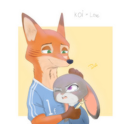 anthro black_nose blush bodily_fluids buckteeth clothed clothing dipstick_ears duo ear_markings ears_down fur gloves_(marking) green_eyes grey_body grey_fur hand_on_head holding_object markings multicolored_ears one_eye_closed open_mouth orange_body orange_fur pivoted_ears purple_eyes shirt simple_background smile tears teeth ticket topwear white_background yellow_background tieradler disney zootopia judy_hopps nick_wilde canid canine fox lagomorph leporid mammal rabbit red_fox true_fox 1:1 2020 hi_res signature