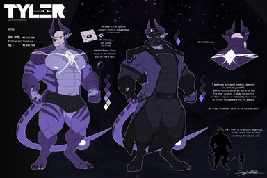anthro clothing coat horn macro male mask muscular muscular_male purple_body solo tail text topwear shapeshifter_(artist) american_mythology indigenous_north_american_mythology mythology north_american_mythology alien demon wendigo absurd_res english_text hi_res model_sheet