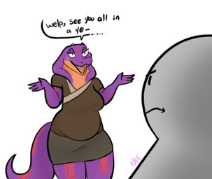 4_fingers breasts clothed clothing eyebrows fangs female fingers grey_body holidays open_mouth purple_body purple_tail snake_hood spots tail teeth text ncs new_year anon keeshee human mammal reptile scalie snake 2022 english_text hi_res reaction_image