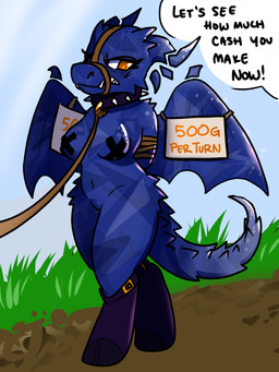 anthro bdsm biped blue_body bondage boots bound breasts clothing collar dialogue female footwear for_sale hoof_boots lead medium_breasts muzzle_(object) navel nipple_tape non-mammal_breasts offscreen_character pasties prostitution questionable_consent restrained shoes slave solo tape text synthet1c ozzy_synthet1c gem_dragon_(dnd) 3:4 english_text full-length_portrait hi_res portrait