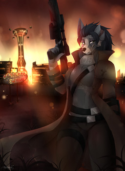 anthro armor bad_trigger_discipline black_hair breasts clothed clothing coat female fur gun hair mane notched_ear ranged_weapon solo topwear weapon conditional_dnp teranen blizzard_entertainment fallout microsoft warcraft rosselle canid mammal werecanid werecreature worgen absurd_res crossover hi_res