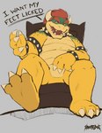 claws collar dialogue dominant eyebrows feet foot_fetish foot_focus hair male paws red_hair slightly_chubby soles solo text toe_claws toes silveredge bowser_day mario_bros nintendo bowser koopa scalie absurd_res hi_res