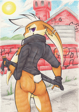 4_fingers alley alternative_fashion anthro backless_gloves backsack balls bedroom_eyes belt biped black_clothing black_gloves black_handwear bottomless brick brick_wall building butt butt_pose cheek_tuft clothed clothing cloud countershade_face countershade_legs countershading day delinquent facial_tuft fingerless_gloves fingers floppy_ears fluffy fluffy_tail fur garage genitals gloves graffiti grass hair half-closed_eyes handwear holding_belt holding_clothing holding_object humanoid_hands inner_ear_fluff jacket leather leather_clothing leather_gloves leather_handwear leather_jacket leather_topwear light looking_at_viewer looking_back low_wall male mostly_nude multicolored_body multicolored_fur narrowed_eyes open_clothing open_jacket open_topwear orange_body orange_fur outside plant pose public punk purple_eyes rear_view seductive shadow short_hair short_tail shrub sidewalk sky smile smirk smug snout solo standing sun sunlight tail tan_balls tan_body tan_countershading tan_fur topwear tower tuft two_tone_body two_tone_fur wall_(structure) white_hair white_tail candyshybat valenurei lagomorph leporid mammal rabbit 2018 hi_res lighting portrait signature three-quarter_portrait traditional_media_(artwork)