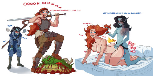 ambiguous_penetration armor biped blood bodily_fluids breasts clothed clothing dildo dominant duo eyebrows female female/female female_penetrated female_penetrating female_penetrating_female hair holding_melee_weapon holding_object holding_sword holding_weapon horn human_on_humanoid human_penetrated humanoid_penetrating humanoid_penetrating_human humanoid_pointy_ears humor interspecies melee_weapon penetration pointy_ears sex sex_toy strapon strapon_insertion strapon_sex submissive sword text toying_partner weapon wearing_strapon ratopombo cc-by-nc-nd creative_commons microsoft the_elder_scrolls dunmer elf human humanoid mammal english_text hi_res