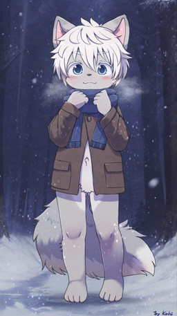 anthro barefoot blue_scarf blush bottomless bottomless_male breath clothed clothing featureless_crotch feet forest fur grey_body grey_fur hair happy looking_at_viewer male night outside plant scarf snow snowing solo tail topwear tree white_hair young young_anthro young_male kochi662368621 canid canine canis mammal wolf 2026 hi_res japanese_description