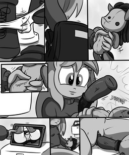 animal_dildo animal_sex_toy anthro backpack blush bottomwear breasts camel_toe clothed clothing dildo equine_dildo female genitals hair masturbation navel panties penetration sex_toy skirt solo switchblade_dildo tablet text toying_self underwear upskirt vaginal vaginal_masturbation vein vulva killryde hasbro lust_from_afar my_little_pony equid equine horse mammal pony 5:6 absurd_res comic english_text greyscale hi_res monochrome