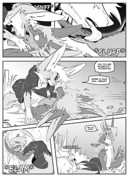 4_ears anthro black_sclera blood bodily_fluids clothed clothing dialogue duo eyes_closed female licking male multi_ear simple_background speech_bubble text tongue kifyun2 kif_yppreah mia_smith canid canine fox mammal absurd_res black_and_white comic english_text hi_res monochrome