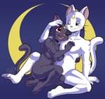 anthro anthrofied black_body black_fur blue_eyes breasts cuddling duo female fur hair male male/female moon navel nude one_eye_closed red_eyes simple_background whiskers white_body white_fur caramel-kitteh sailor_moon_(series) artemis_(sailor_moon) luna_(sailor_moon) domestic_cat felid feline felis mammal