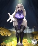 anthro big_breasts breasts clothed clothing female flower footwear horn mature_female no_underwear offering_hand pelvic_curtain plant purple_eyes side_boob skimpy socks solo stirrup_socks wide_hips vedtomd undertale undertale_(series) toriel boss_monster_(undertale) bovid caprine goat mammal 5:6 absurd_res hi_res