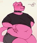 anthro belly big_belly black_bottomwear black_clothing black_collar black_shirt black_shorts black_topwear bottomwear clothing collar floppy_ears fluffy fluffy_tail fur holding_belly looking_at_self makeup male mascara moobs navel overweight overweight_male pink_body pink_eyes pink_fur shirt shorts simple_background smile solo tail teeth topwear wide_hips aucherr canid canine canis domestic_dog mammal 2023 absurd_res hi_res