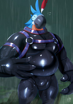 5_fingers anthro beak belly blue_body blue_feathers bulge clothed clothed_anthro clothed_male clothing eyes_closed feathers fingers harness latex latex_clothing latex_skinsuit logo male male_anthro musclegut muscular muscular_anthro muscular_male raining skinsuit smile smiling_at_viewer solo tight_clothing wet samebashira breath_of_the_wild nintendo the_legend_of_zelda kass_(tloz) avian rito 2024 artist_logo colored digital_drawing_(artwork) digital_media_(artwork) hi_res shaded