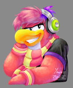 anthro clothing electronics female fur grey_background grin hair headphones multicolored_scarf pattern_clothing pattern_scarf pink_body pink_fur pink_hair pink_scarf scarf simple_background smile solo striped_clothing striped_scarf stripes teeth text two_tone_scarf yellow_scarf ymuy club_penguin dj_cadence avian bird penguin 2026 artist_name half-length_portrait portrait