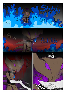 4_panel_comic ambiguous_gender anthro blade_arm blood blood_from_wound blue_fire blue_text bodily_fluids border brown_body brown_text claws colored_fire dialogue fire fireball gore motion_lines purple_eyes purple_text simple_background smoke solo sound_effects text white_border white_text wounded novaarts nintendo pokemon pokemon_mystery_dungeon spike_chunsoft arthropod fossil_pokemon generation_1_pokemon insect kabutops pokemon_(species) 2026 absurd_res comic digital_media_(artwork) english_text hi_res