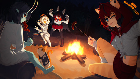 5_fingers antennae_(anatomy) anthro biped boots bottomwear breasts claws clothed clothed_anthro clothed_female clothed_humanoid clothing countershade_torso countershading eyewear female feral fingers fire footwear forest fully_clothed fully_clothed_anthro fully_clothed_female fur glasses group legwear night outside plant shoes sitting skirt sky smile standing star tail thigh_highs topwear tree yoako aeiou_(yoako) domestic_cat felid feline felis humanoid mammal unknown_species 16:9 2025 absurd_res digital_drawing_(artwork) digital_media_(artwork) hi_res widescreen