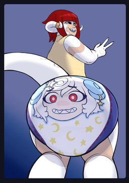 blue_border blush blush_lines border clothing_transformation diaper diaper_transformation female female/female gesture hand_gesture male standing tail transformation v_sign 3amrabbit final_fantasy final_fantasy_xiv square_enix muzu_nomi animate_inanimate au_ra diaper_creature scalie hi_res
