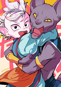 abstract_background anthro arm_around_back arm_around_neck blush clothed clothing duo ear_piercing ear_ring hair happy hug humanoid_pointy_ears male male_anthro male_humanoid mohawk open_mouth open_smile piercing pointy_ears ring_piercing side_view smile standing white_hair wide_eyed yellow_eyes washikulm dragon_ball dragon_ball_super beerus shin_(dragon_ball) felid feline humanoid mammal 2017