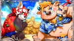 anthro beach belly big_belly black_body black_nose blue_eyes blush bulge butt clothing detailed_background duo humanoid_hands kemono male navel outside overweight overweight_male red_body seaside swimwear water young young_anthro young_male kita_9999 lifewonders tokyo_afterschool_summoners babe_bunyan_(tas) zhurong_(tas) ailurid bovid bovine cattle mammal red_panda 2022 official_art