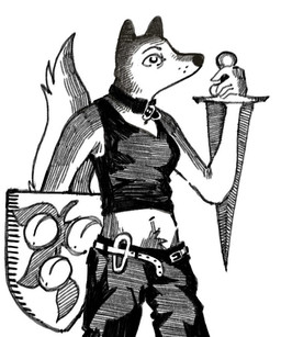 anthro belt black_bottomwear black_clothing black_pants black_shirt black_tank_top black_topwear bottomwear breasts clothing crop_top female holding_melee_weapon holding_object holding_shield holding_sword holding_weapon medium_breasts melee_weapon midriff navel open_belt pants pubes shield shirt solo sword tail tank_top topwear weapon mia_cain vesna_(mia_cain) canid canine mammal greyscale monochrome
