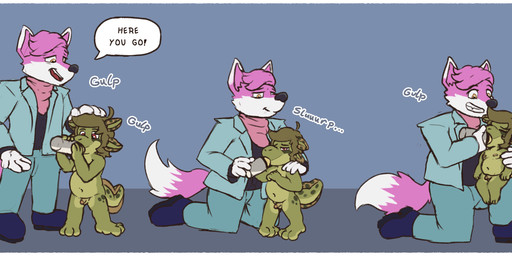 age_regression anthro balls bottle bottle_feeding container duo genitals male male/male penis transformation young poorsal james_salamandre shilva amphibian canid canine fox mammal salamander tadpole absurd_res hi_res sequence