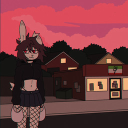 anthro bottomwear building clothing cloud convenience_store cropped_sweater female fur hair house outside pink_eyes pink_sky plant purple_hair skirt sky solo street sunset tree white_body white_fur crischar_foxito alexa_(crischar_foxito) lagomorph mammal 1:1 hi_res